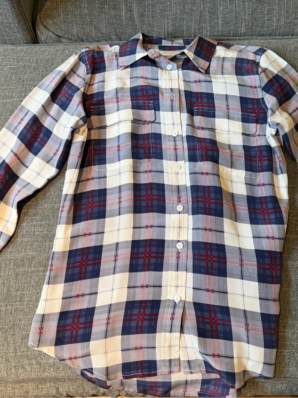 Equipment Plaid Button-Front Blouse in Navy, White & Red
